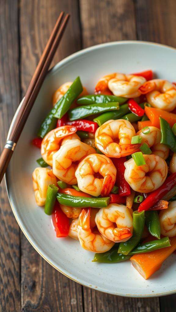 A colorful shrimp stir-fry with shrimp, bell peppers, and snow peas, garnished with green onions.
